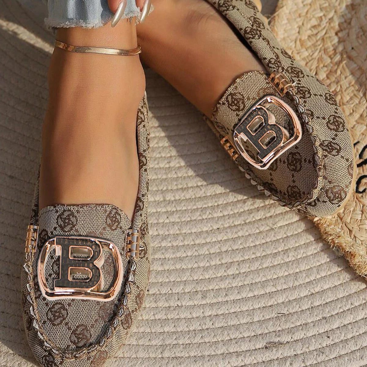 Mocassins pour femmes, sandales de bateau de conduite, décor de luxe, motif de mode, chaussures plates à enfiler, Sexy, élégantes, plates, confortables, décontractées, pour le bureau