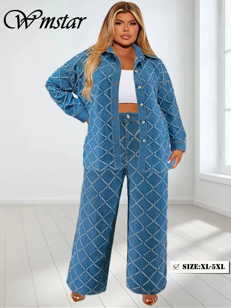 Wmstar grande taille Denim deux pièces ensembles femmes automne vêtements imprimer à manches longues hauts pantalons nouveaux costumes assortis en gros Dropshopping