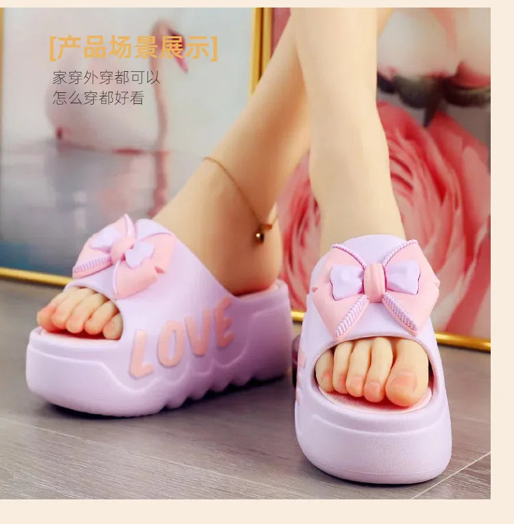 Feerldi nouveau 2025 blanc rose nœud papillon pantoufles femme haute plate-forme EVA diapositives sandales de créateur sabots de plage femmes ascenseur chaussure
