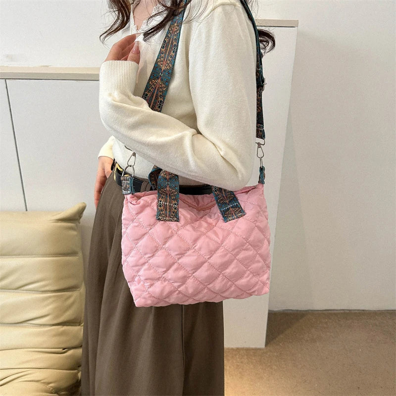 Sac à main à large ceinture pour femmes, automne/hiver, espace losange, sac à bandoulière en coton, grande capacité, fourre-tout de Shopping assorti