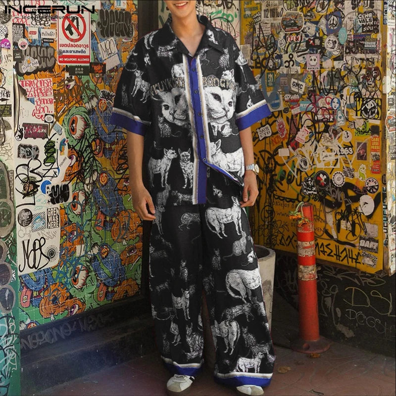 INCERUN hommes ensembles impression Patchwork revers manches courtes chemise et pantalon deux pièces ensembles été ample vacances décontracté hommes costumes