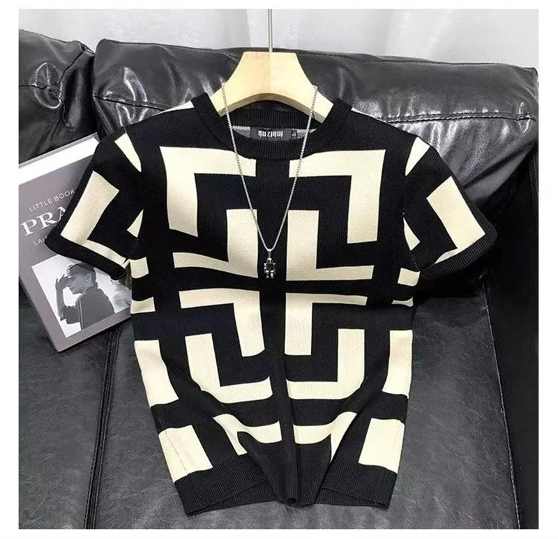 Polo BS été nouveaux hommes mince Vintage à manches courtes tricot t-shirt rayé imprimé col rond graphique t-shirts pour hommes Camiseta Masculina