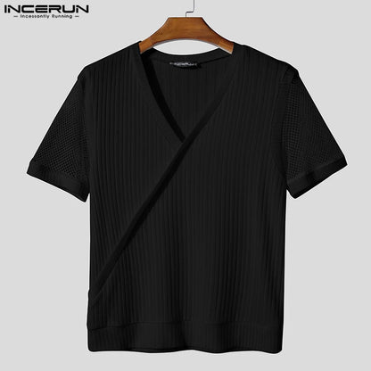 Hauts hommes T-Shirts à manches courtes maille Patchwork hauts t-shirt couleur unie col en V mode vêtements pour hommes Streetwear S-5XL