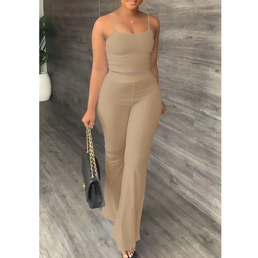 Haut court à bretelles spaghetti et pantalon évasé adt pour femmes, olympiques décontractés, ensemble deux pièces monochromes simples, tenues d'été sexy