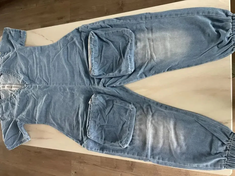 Combinaisons d'automne pour femmes, manches courtes, jean ample, délavé, une pièce, poches, Cargo, barboteuse à la mode