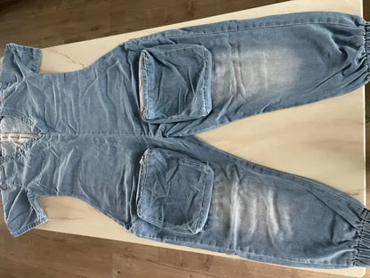 Combinaisons d'automne pour femmes, manches courtes, jean ample, délavé, une pièce, poches, Cargo, barboteuse à la mode