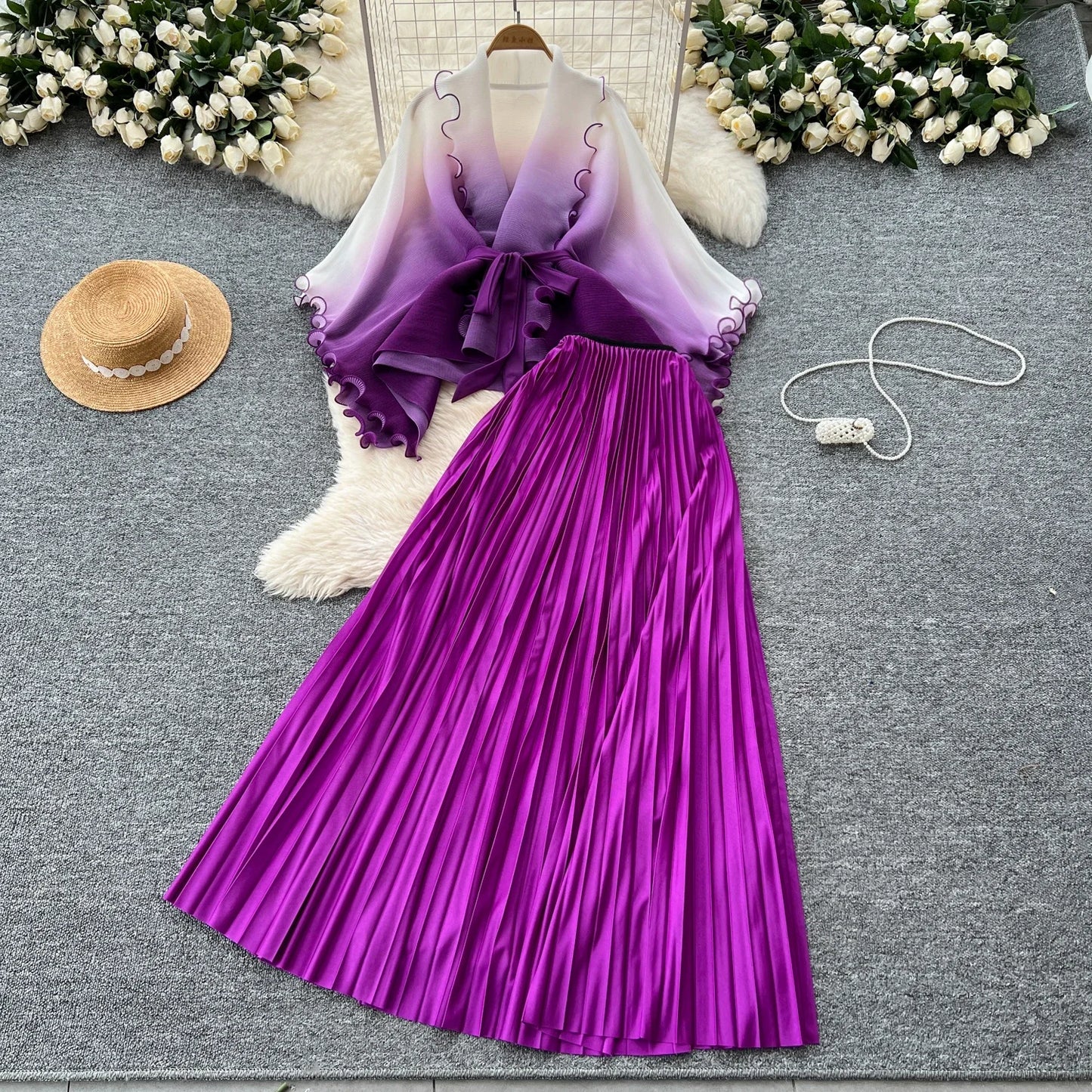 Miyake pli changement progressif couleur bord ondulé costume soleil jupe plissée à la mode et élégant deux pièces ensembles tenues pour femmes