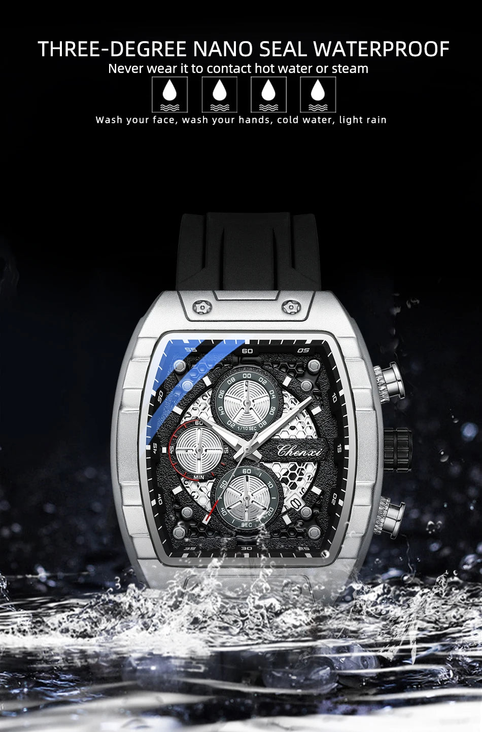 CHENXI-Montre de sport à quartz pour homme, bracelet en silicone noir, chronographe, date, marque originale, mode