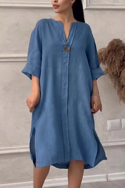 Robe pull décontractée à manches longues pour femmes, robe maxi boutonnée, col en V, fente latérale double, coton et lin, document solide, nouveau, 2024
