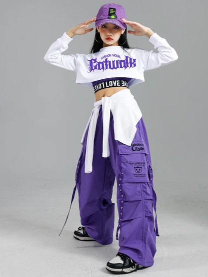 Haut court K-pop pour filles, pantalons cargo, cardigan de danse de rue pour enfants, olympiques streetwear pour enfants, ensembles de vêtements de groupe de filles Jazz