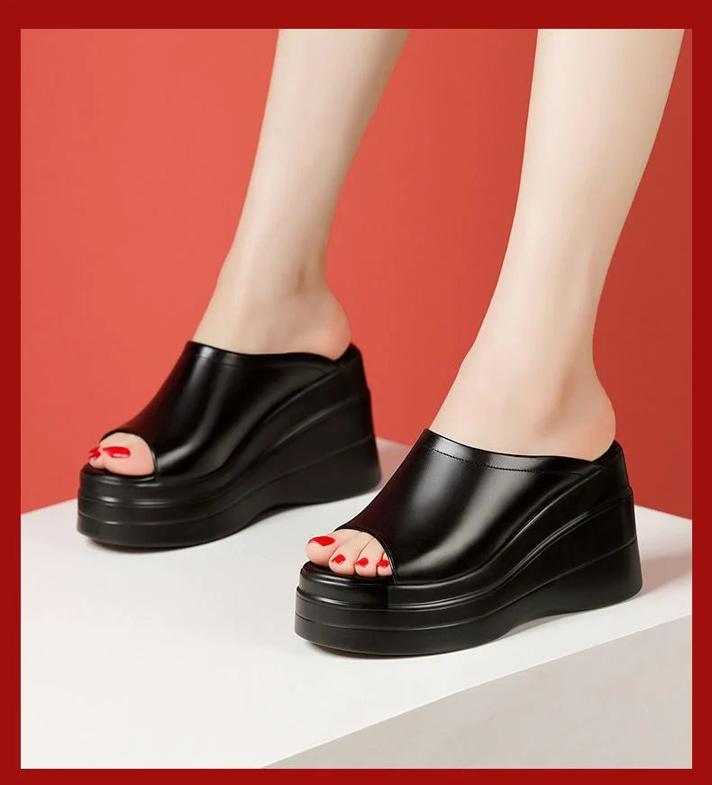 Chaussures confortables à plateforme épaisse de 9.5cm, petite taille 32-43, pantoufles en cuir véritable, talons hauts 2025, diapositives à semelles compensées, modèle de bureau