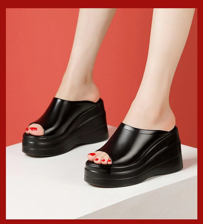 Chaussures confortables à plateforme épaisse de 9.5cm, petite taille 32-43, pantoufles en cuir véritable, talons hauts 2025, diapositives à semelles compensées, modèle de bureau