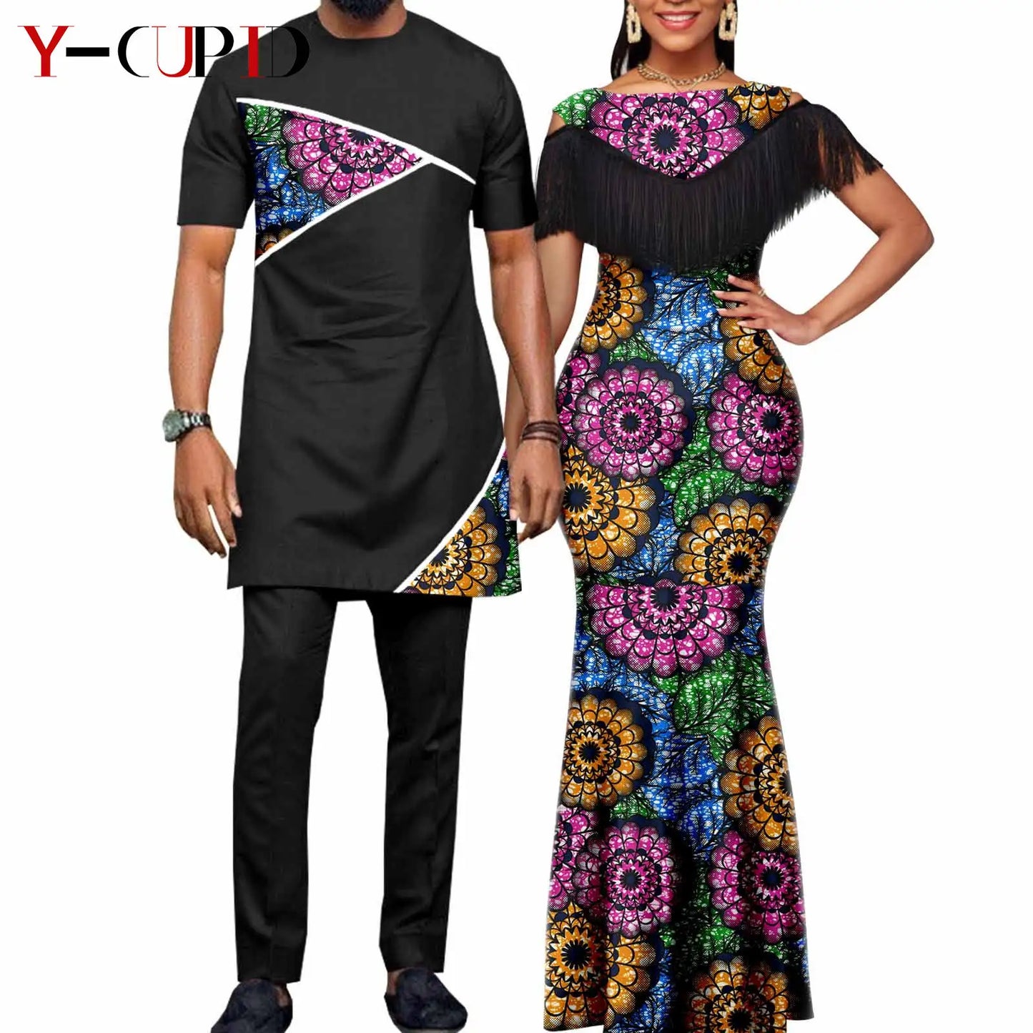 Robes africaines pour femmes, tenues de Couple assorties, Bazin Riche Dashiki, Slim, imprimé pompon, longues robes de fête Y23C009