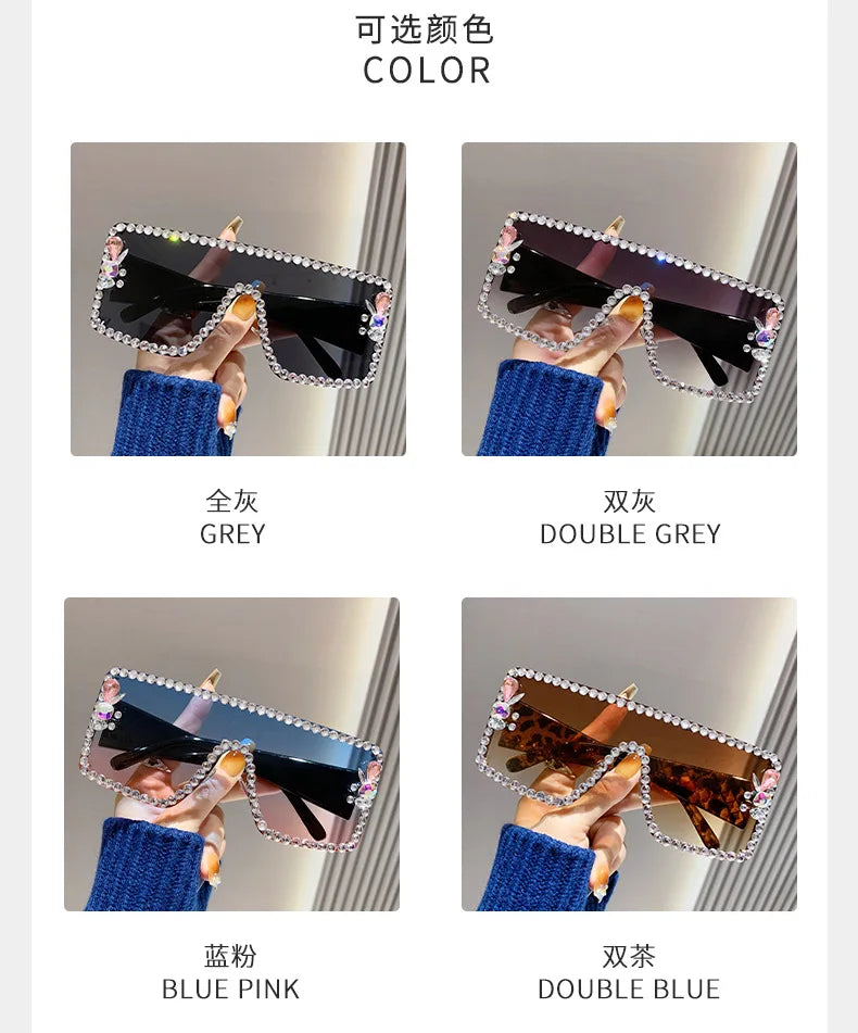 Lunettes de soleil une pièce pour femmes, grande monture rectangulaire incrustée de diamants, avec diamants d'eau