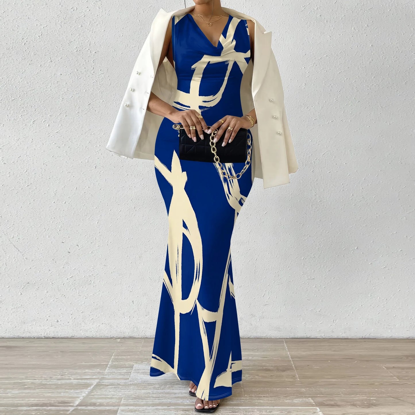 Robes d'invitées de mariage d'été pour femmes sirène élégante motif de rayures artistiques robe Maxi col en V sans manches robe de bal de soirée