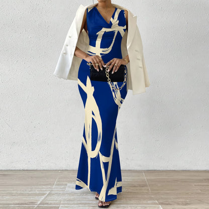 Robes d'invitées de mariage d'été pour femmes sirène élégante motif de rayures artistiques robe Maxi col en V sans manches robe de bal de soirée