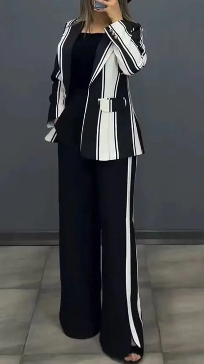 Femmes rayé imprimé costumes + pantalons deux pièces ensembles automne hiver décontracté jambe large pantalons ensembles bureau dames élégant manteaux tenues