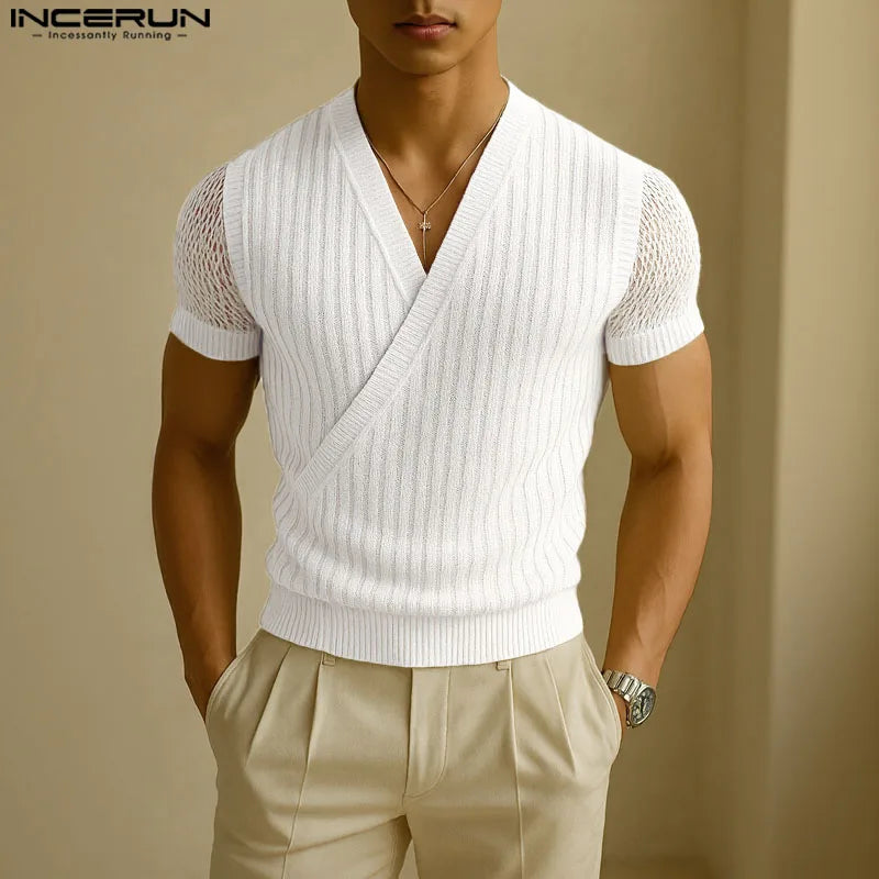 Hauts hommes T-Shirts à manches courtes maille Patchwork hauts t-shirt couleur unie col en V mode vêtements pour hommes Streetwear S-5XL