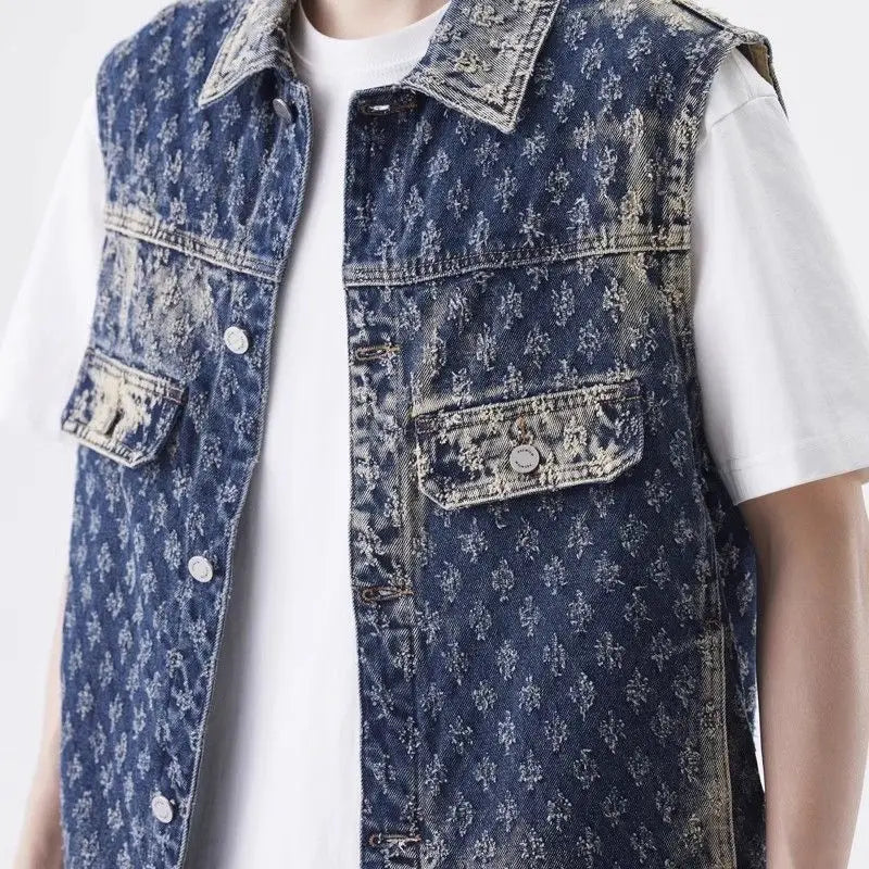 Gilet de moto en Denim pour hommes, rétro, tendance, printemps et automne, élégant, ample, Jacquard, sans manches, vêtements d'extérieur