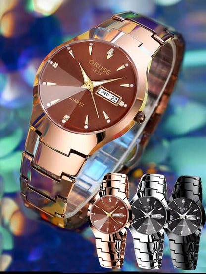 ORUSS-Montre de couple étanche pour hommes et femmes, quartz, acier inoxydable, date, semaine, horloge, cadeau pour amoureux, mode décontractée