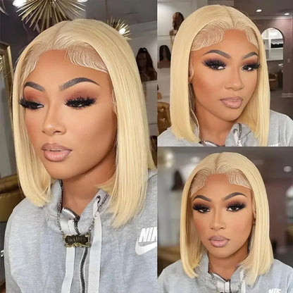 613 Blonde Bob perruques cheveux humains court droit 13X4 HD dentelle avant perruques coloré brésilien 100% cheveux humains 16 pouces cosplay 200% perruque brésilienne	cheveux humain naturel perruque courte