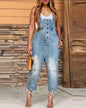 Combinaison en denim bleu pour femme, jambe large fendue, bouton de poche, bretelles fines, combinaison vintage, mode globale, 2025