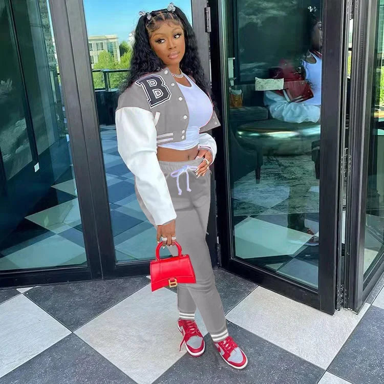 European and N Women's Wear B Monochrome Jacket Single-breasted Monochrome Printed Baseball Suit