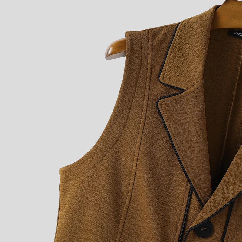 INCERUN hommes gilets Patchwork revers sans manches bouton décontracté hommes gilets couleur-bloc Streetwear 2025 mode gilets hommes S-5XL