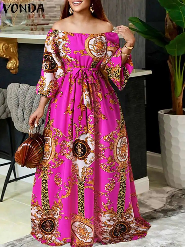 VONDA-Robe maxi bohème pour femmes, robe de soirée imprimée, robe d'été sexy à manches longues lanterne, robe vintage ceinturée, robe éducative, 2023