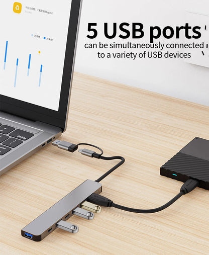 Hub USB C Hub USB 3.0, extension USB 7 en 1 en aluminium, répartiteur USB avec USB 3.0, 4 X USB 2.0 et 2 ports USB C Distributeur USB