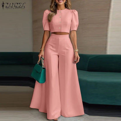 BS -  rue mode femme 2 pièces ensembles élégant manches courtes bouffantes haut court pantalon à jambes larges 2 pièces tenue élégant bureau pantalon ensembles