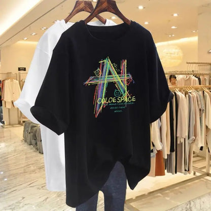 T-shirt basique imprimé géométrique peint à la main pour femme, pur coton, manches courtes, 40 noix-105 noix, vêtements décontractés, été