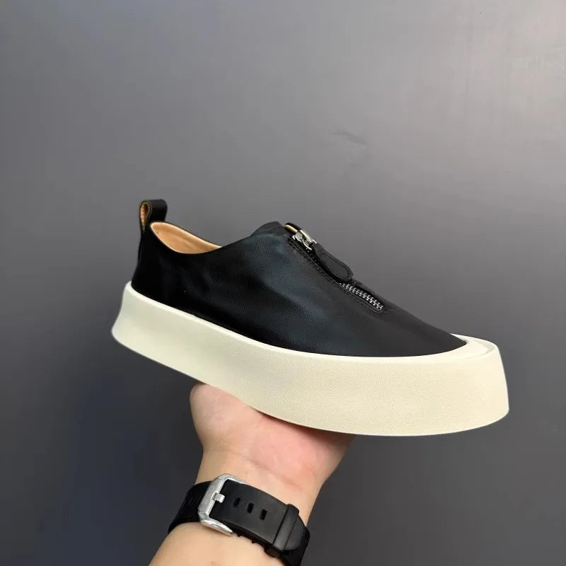 Mocassins à fermeture éclair pour hommes, cuir de vachette véritable, chaussures décontractées, baskets d'extérieur vintage, chaussures de skateboard, plate-forme optique, mode