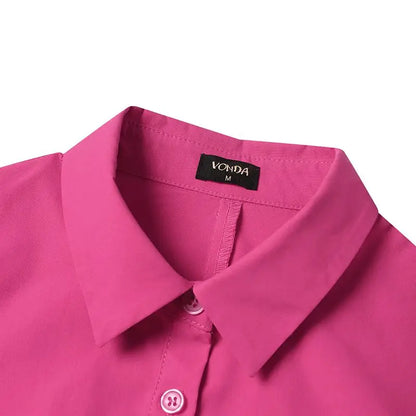VONDA 2025 été chemise robe femmes élégant à manches longues couleur unie robe d'été décontracté boutons amples poches courtes Mini robes