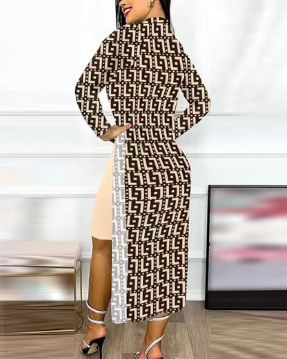 Robe décontractée à manches longues et col rond pour femme, tenue de bureau élégante, mode printemps-automne, imprimé géométrique, fente latérale, 2023