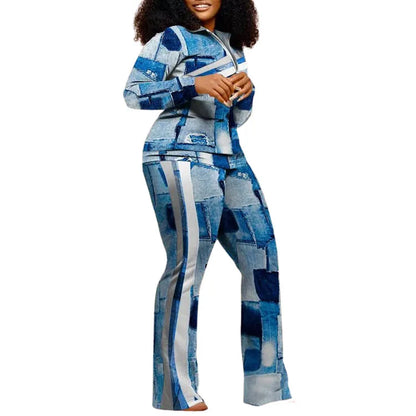 Ensemble de pantalons longs droits pour femmes, fermeture éclair imprimée, col montant, gaine, manches longues, décontracté, automne, hiver, 2024