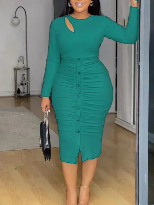 Robe élégante plissée pour femme, manches longues, conception de boutons, batterie, découpée, asymétrique, sexy, évider, fête, vêtements de jour