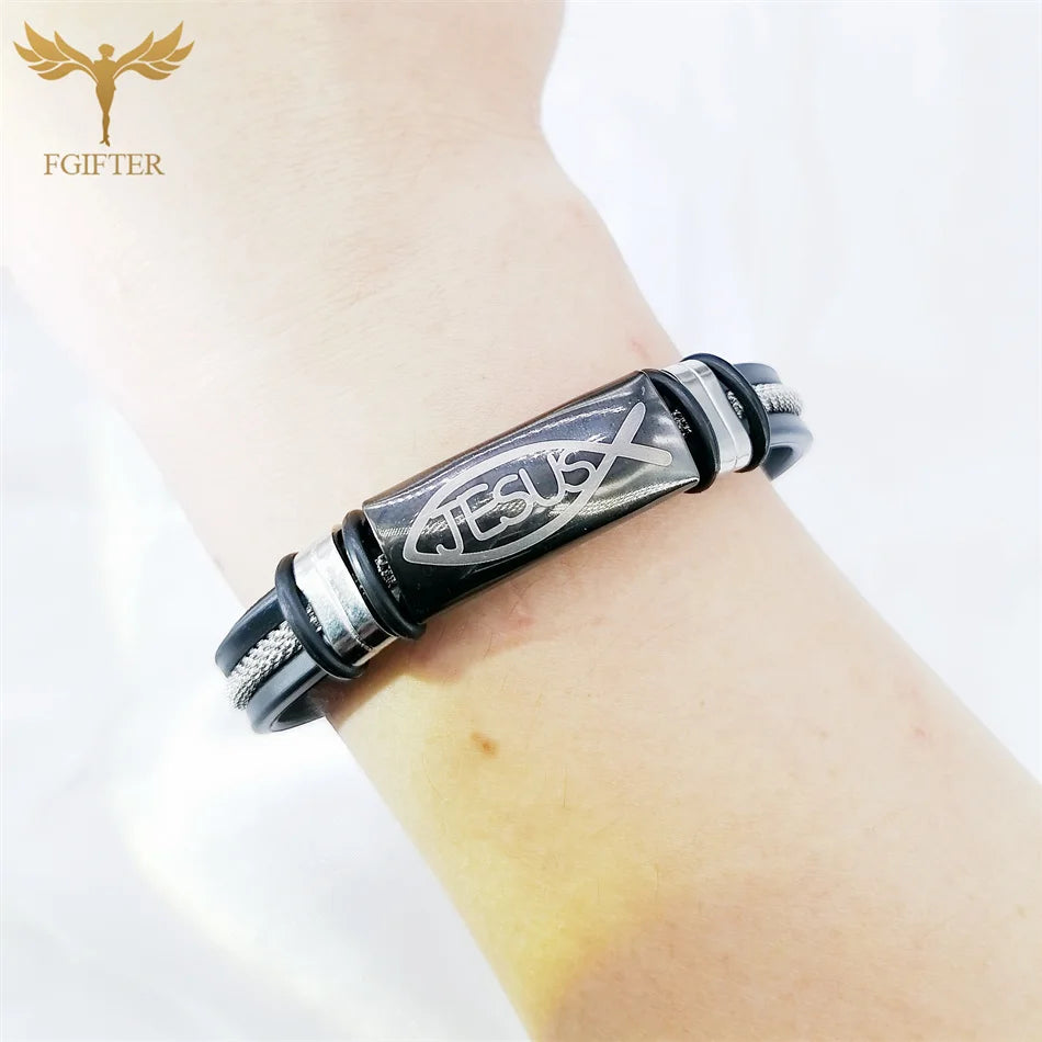 Bracelet symbole de poisson de jésus chrétien avec chaîne, manchette en acier inoxydable, en Silicone noir, bijoux d'été pour femmes et hommes