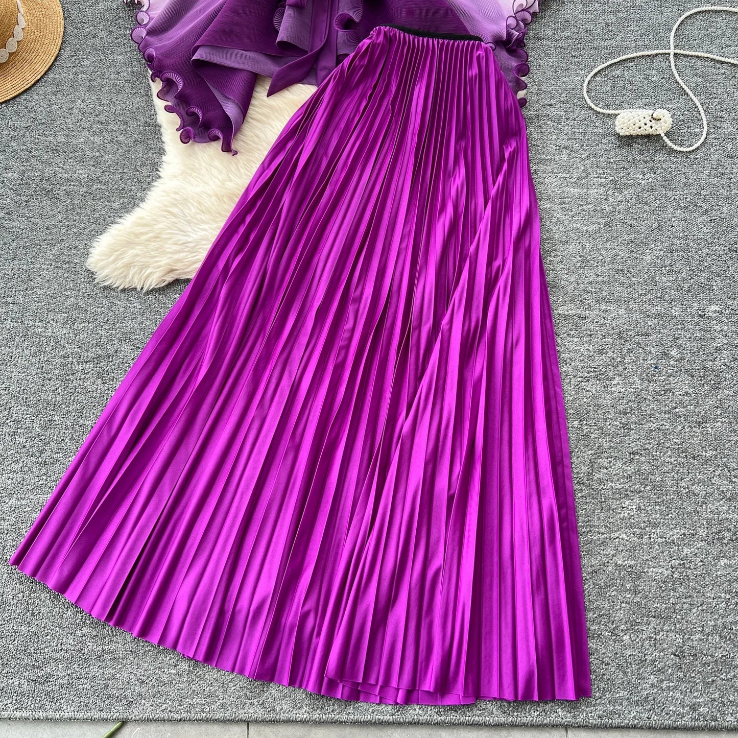 Miyake pli changement progressif couleur bord ondulé costume soleil jupe plissée à la mode et élégant deux pièces ensembles tenues pour femmes