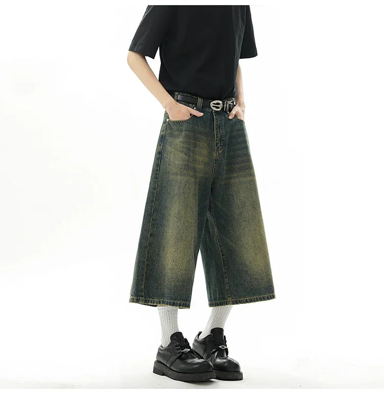 Short en Denim Baggy pour hommes, mode rétro décontractée, ample, jambes larges, longueur mollet, Streetwear Y2K, Style coréen