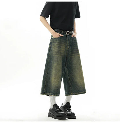 Short en Denim Baggy pour hommes, mode rétro décontractée, ample, jambes larges, longueur mollet, Streetwear Y2K, Style coréen