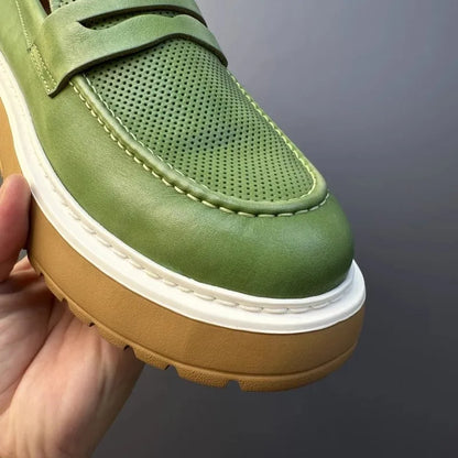 Mocassins en cuir de vachette à plateforme vintage pour hommes, chaussures en cuir véritable, respirant, évider, décontracté, conduite, affaires, été