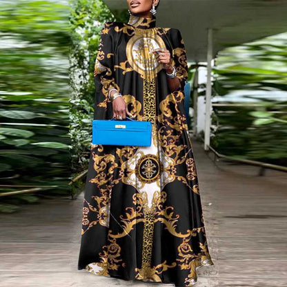 VONDA-Robe longue de soirée à manches chauve-souris, grande taille, col montant, imprimé bohème, 2023