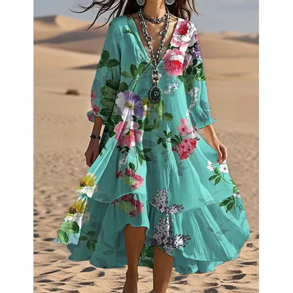 Robe décontractée pour femmes, ample, rétro, imprimé, manches 7-quarts, mode printemps-automne, élégante, bord de mer, vacances, 2025