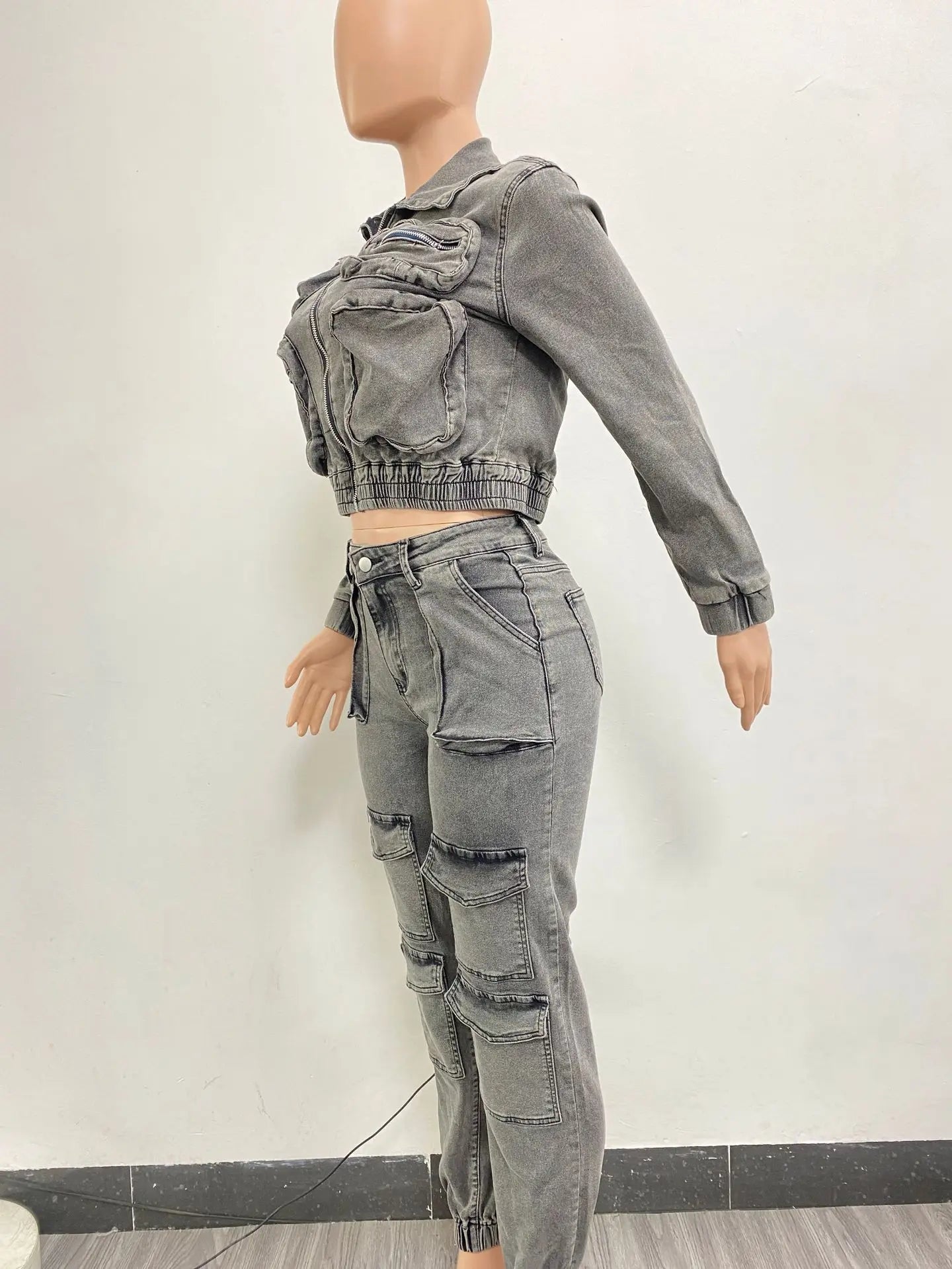 Ensemble pantalon à manches longues pour femmes, survêtement avec fermeture éclair, manteau en Denim, Cargo, longueur cheville, poches, haute rue épissé, Slim, 2024