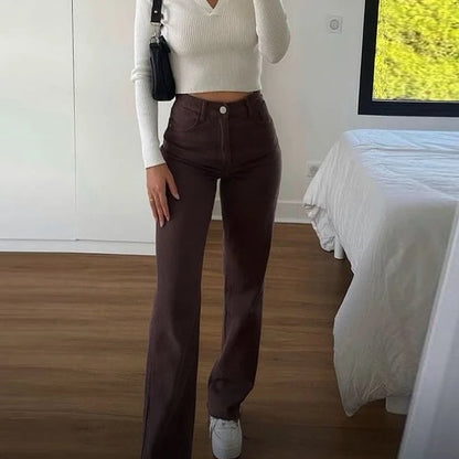 TRAF femmes jean marron taille haute poche Vintage Baggy jean femme pantalons longs décontractés printemps pantalon Streetwear été 2025