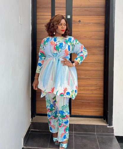 ANLAN-Ensemble Deux Pièces Plissé pour Femme, Imprimé, Manches sulf, Lacets, Taille Ronde, Pantalon Décontracté, Nouvelle Collection Automne 2024, 7YK3519