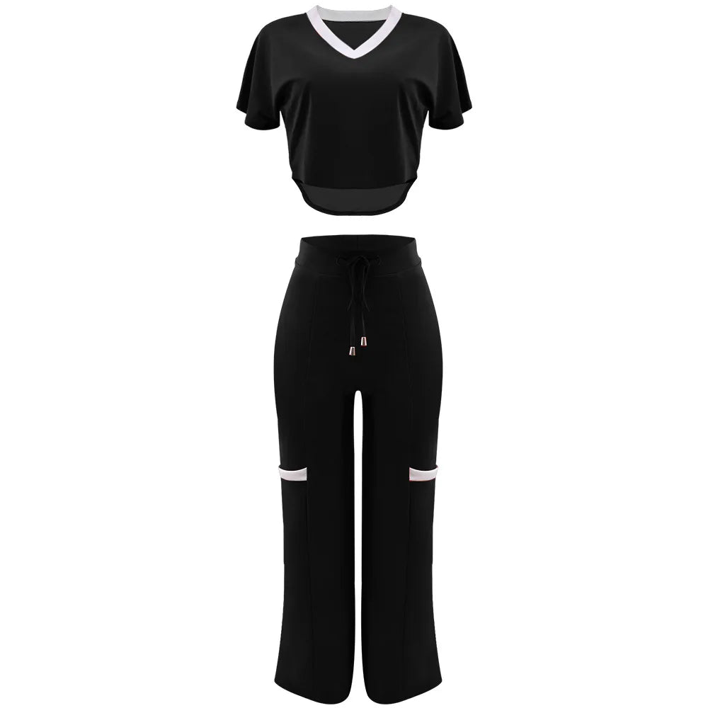Costume élégant pour femmes, décontracté, col en V, manches courtes, T-shirt et pantalon, ensemble deux pièces, mode d'été, tenue de sport solide