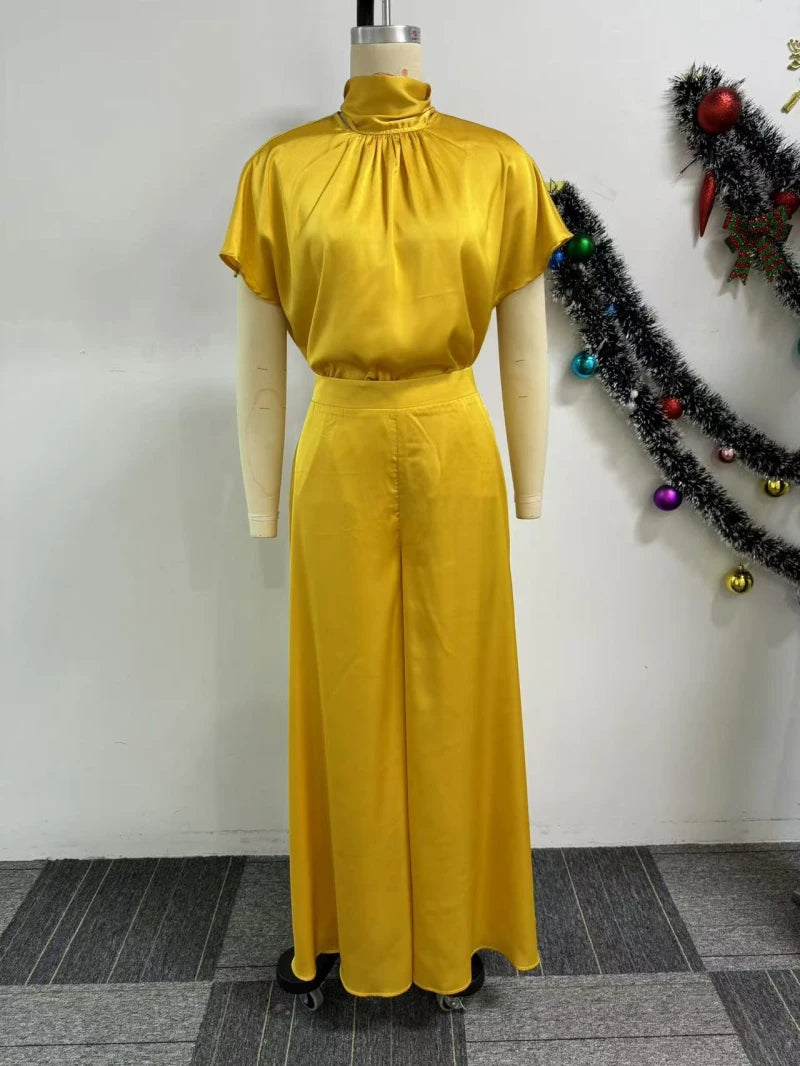 Haut à lacets en satin doux et pantalon à jambes larges pour femmes, ensemble assressenti, tenue, mode africaine, nouveau, 2 pièces, 2024