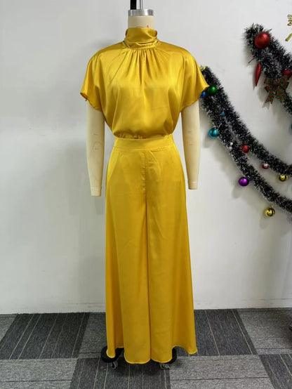 Haut à lacets en satin doux et pantalon à jambes larges pour femmes, ensemble assressenti, tenue, mode africaine, nouveau, 2 pièces, 2024